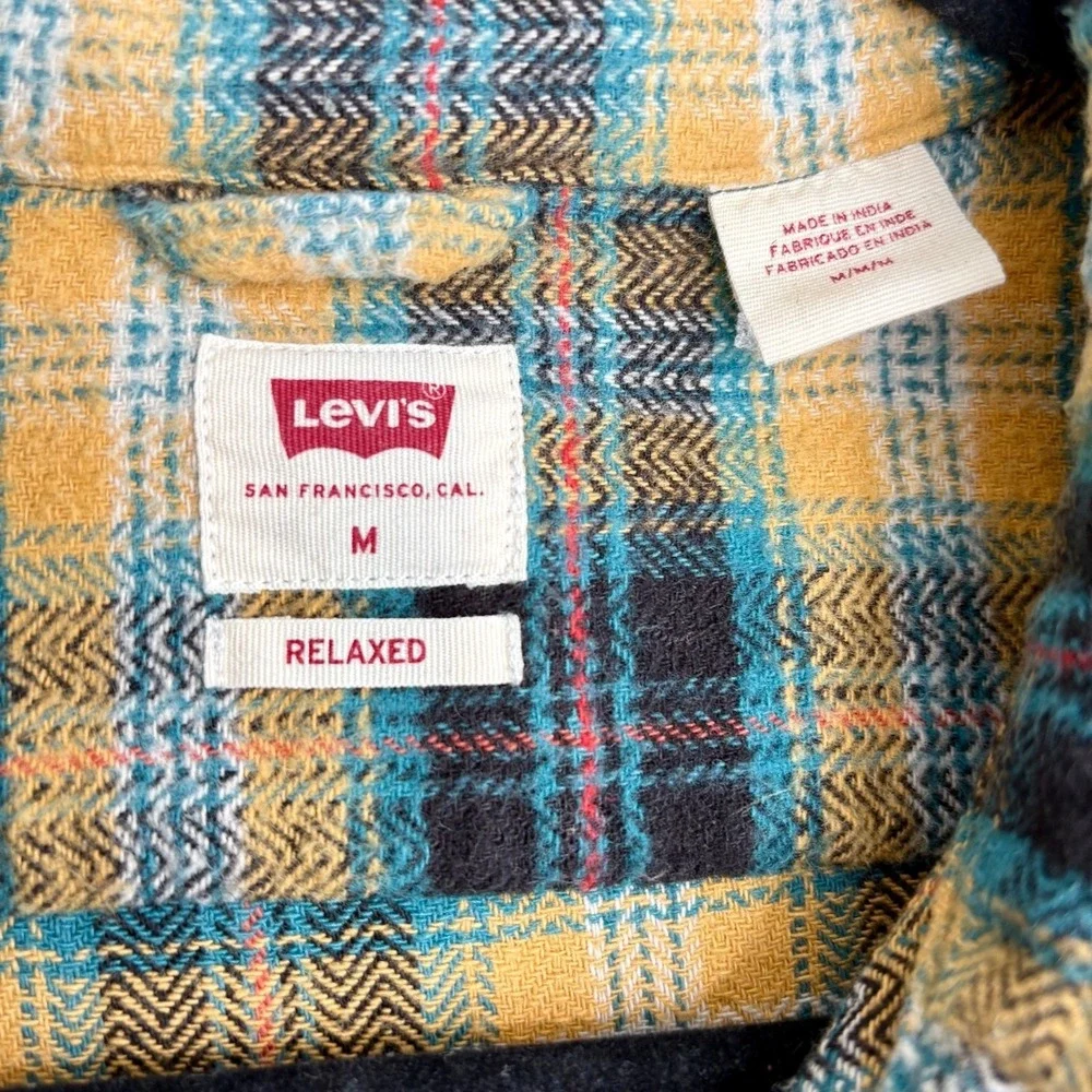 Levi's Relaxed‎ Fit Plaid Flannel Shirt Yellow Black Green Mens Medium Western